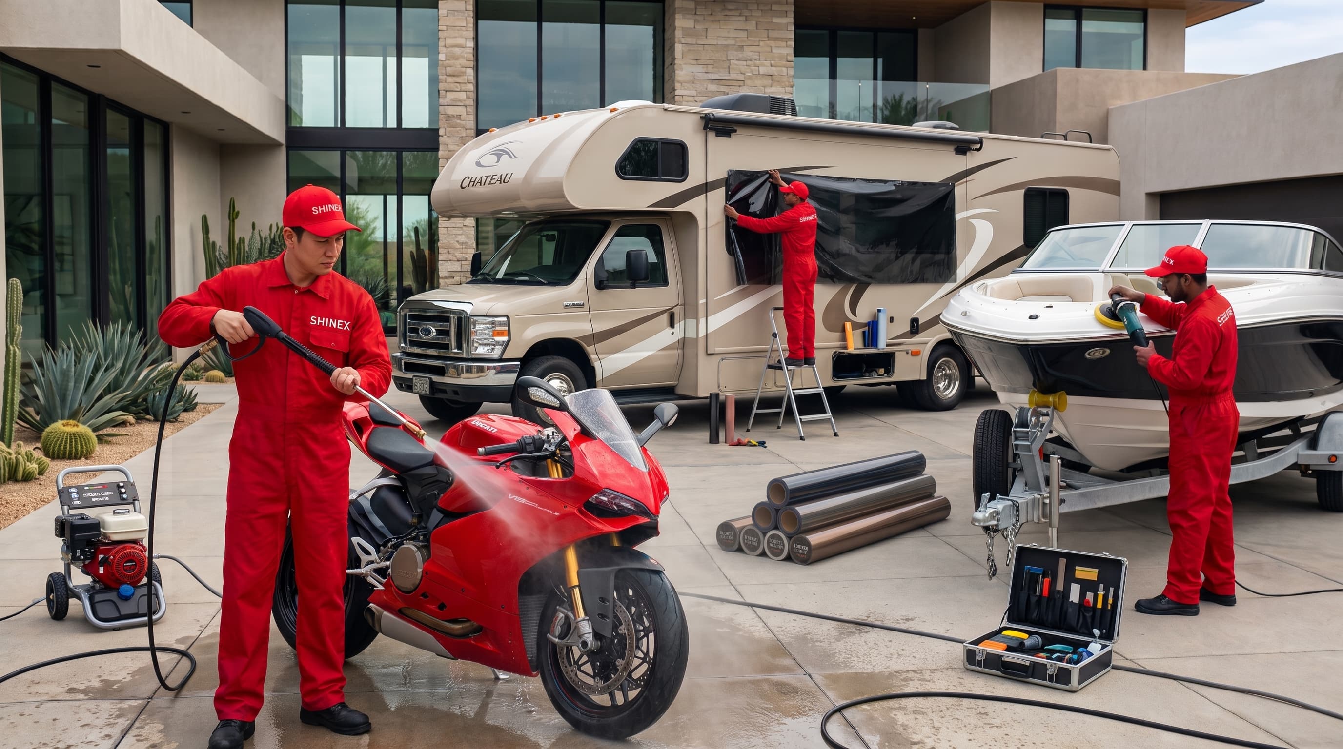 Shinex team detailing a motorcycle, boat and RV at a residential driveway